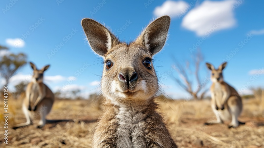 Adorable young kangaroo in a natural setting with two adult kangaroos in the background under a bright blue sky and scattered clouds in an Australian landscape Adorable young kangaroo in a natural setting with two adult kangaroos in the background under a bright blue sky and scattered clouds in an Australian landscape