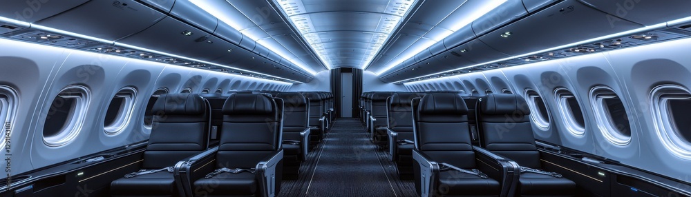 Obraz premium A modern and spacious airplane interior with sleek design and ambient lighting.
