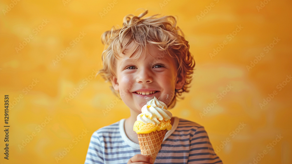 Smiling curly-haired child enjoying a vanilla ice cream cone against a vibrant yellow background Smiling curly-haired child enjoying a vanilla ice cream cone against a vibrant yellow background