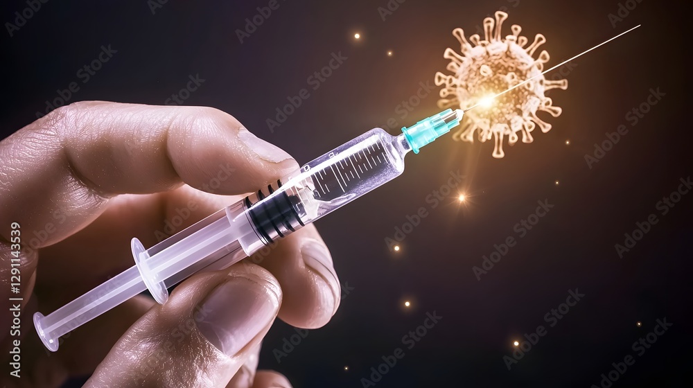 Close up shot of a doctor s hands carefully preparing an influenza vaccine syringe with the virus particles softly drifting in the background illuminated by natural daylight