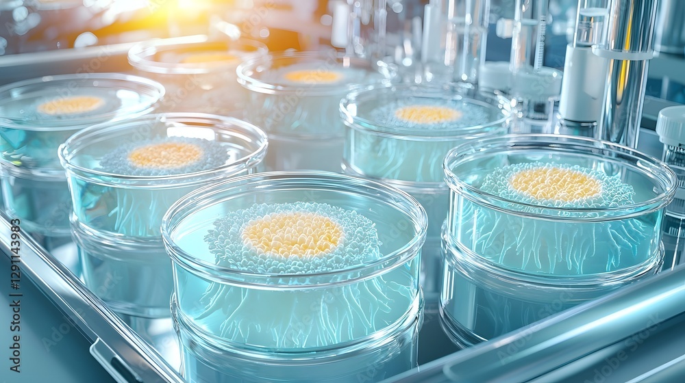 Close up view of a petri dish filled with various bacterial colonies reacting to an experimental drug