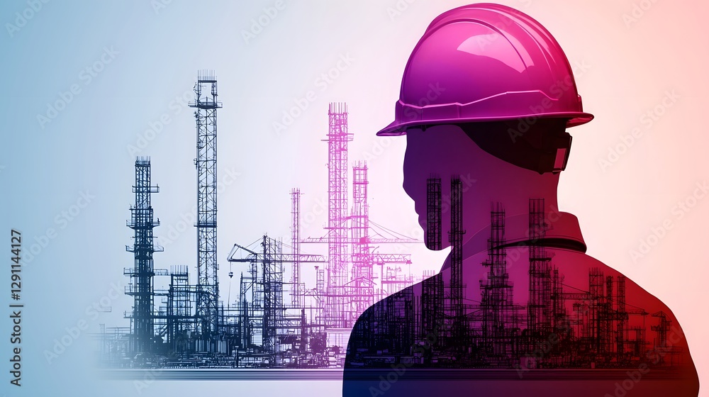 Close up silhouette of a construction worker with hard hat overlaying a vibrant double exposed industrial landscape with bright colors