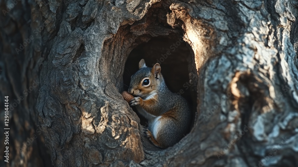Obraz premium Squirrel nestled in a tree hollow, enjoying a nut, surrounded by textured bark and dappled sunlight
