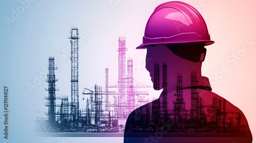 Obraz na płótnie Close up silhouette of a construction worker with hard hat overlaying a vibrant double exposed industrial landscape with bright colors w salonie