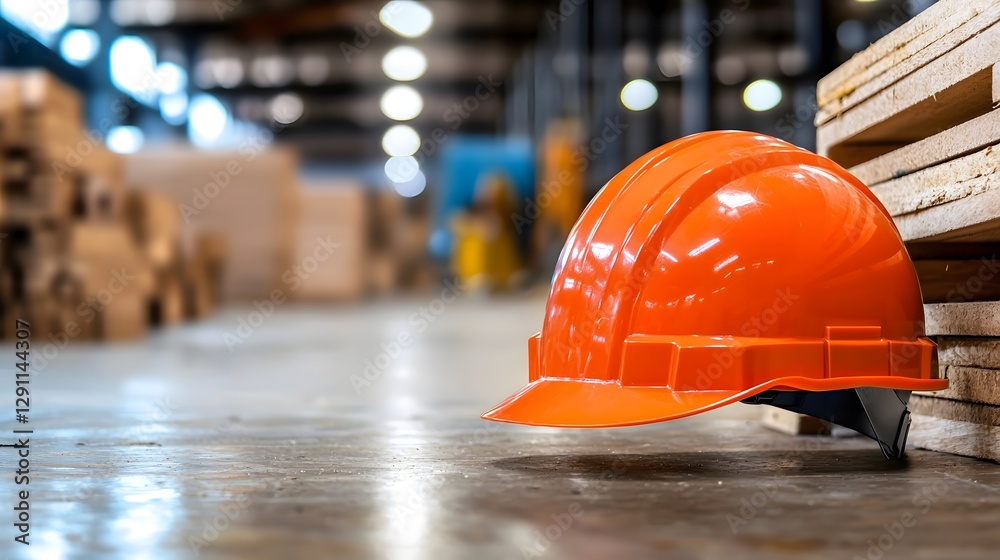 Close up view of bright orange construction safety equipment including hard hat and other protective tools