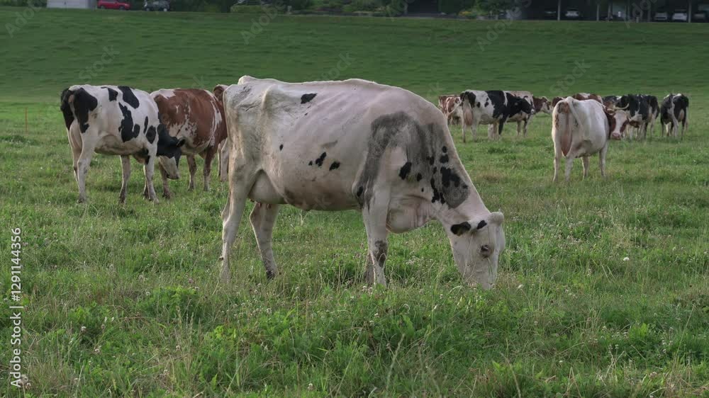 Holstein cow, part of small herd, grazing in rural field in Bern, Switzerland. Holstein cow, part of small herd, grazing in rural field in Bern, Switzerland.