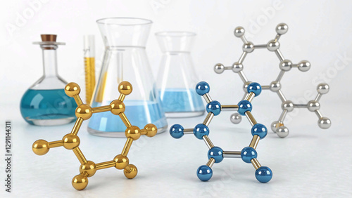 Goldan and silver and bule molecular with glass formula on white background, 3d illustration of Goldan silver and bule molecule model. Glass Science background, abstract molecule background photo