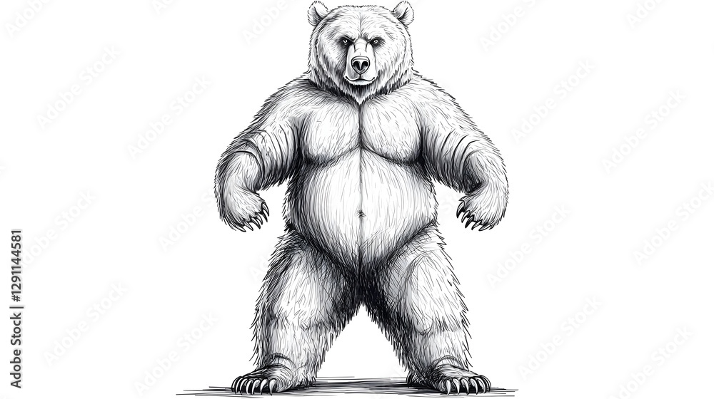 Colossal Grizzly Bear Stands Tall in Bold Black and White Ink powerful visceral depiction of the raw primal strength and dominance of a massive grizzly bear in an untamed wilderness setting