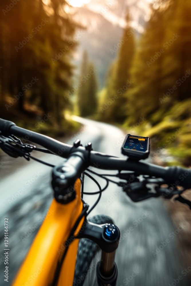 First-person view of a cyclist riding a yellow mountain bike on a scenic trail. Golden hour light enhances the vibrant colors. First-person view of a cyclist riding a yellow mountain bike on a scenic trail. Golden hour light enhances the vibrant colors.