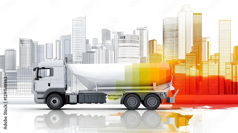Delivery truck transporting construction materials on a busy worksite with a vivid colorful cityscape silhouette in the background Double exposure effect creates an abstract