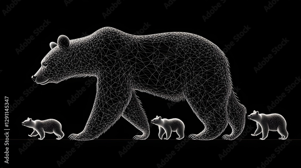 Detailed engraved depicting a mother bear guiding and protecting her cubs in a natural monochromatic style with emphasis on texture and line work