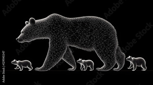 Obraz na płótnie Detailed engraved depicting a mother bear guiding and protecting her cubs in a natural monochromatic style with emphasis on texture and line work w salonie