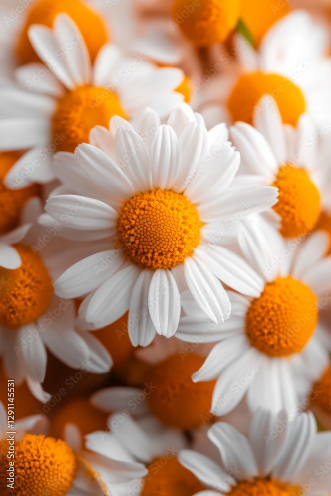 Fototapeta premium Close-up of white daisies with vibrant orange centers. A cheerful bouquet of flowers.