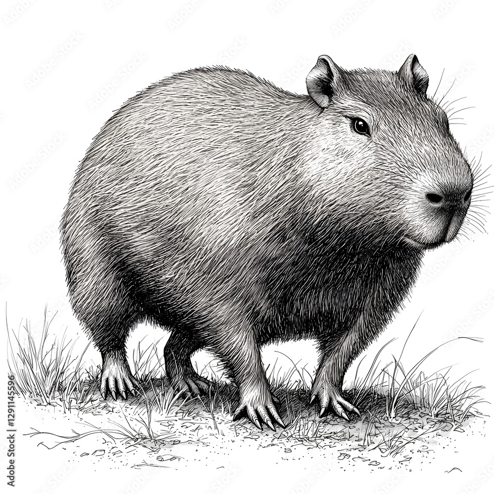 Detailed Expressive Ink Sketch Highlighting the Calm Serene Demeanor of a Capybara Resting by a Riverbank in a Natural Outdoor Setting