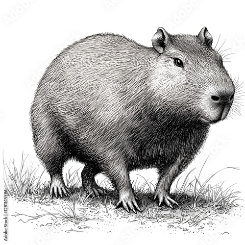 Obraz na płótnie Detailed Expressive Ink Sketch Highlighting the Calm Serene Demeanor of a Capybara Resting by a Riverbank in a Natural Outdoor Setting w salonie