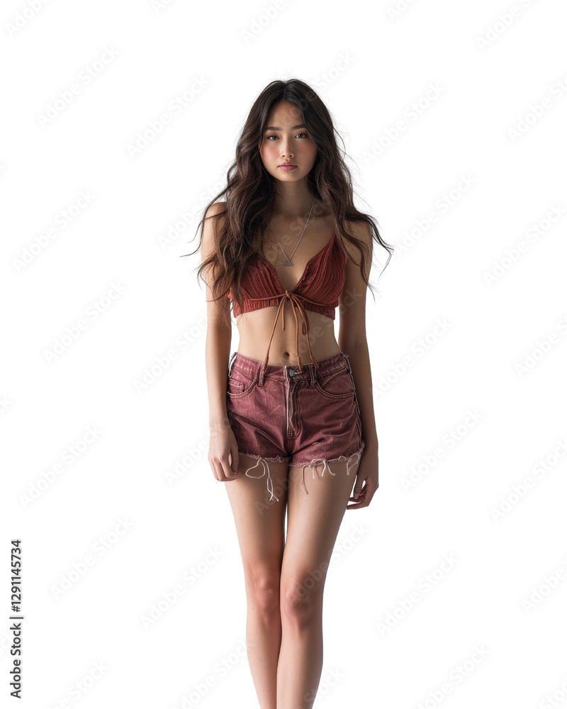 Young Woman in Summer Fashion Pose Wearing Red Bikini Top and Denim Shorts with Long Hair and Natural Makeup Young Woman in Summer Fashion Pose Wearing Red Bikini Top and Denim Shorts with Long Hair and Natural Makeup