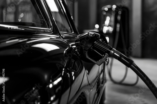 Black and white photo of a classic car being refueled at a vintage gas station. The focus is on the fuel nozzle and the car's sleek design. photo