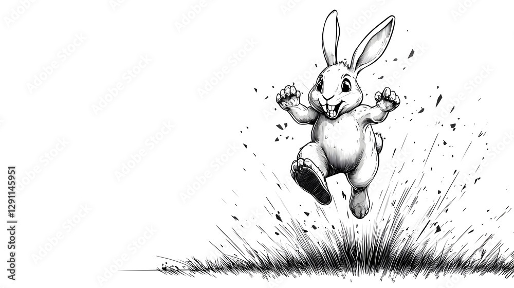 Detailed ink drawing depicting a hare sprinting rapidly across an open field with expressive cross hatching techniques that accentuate the animal s speed agility and dynamic movement