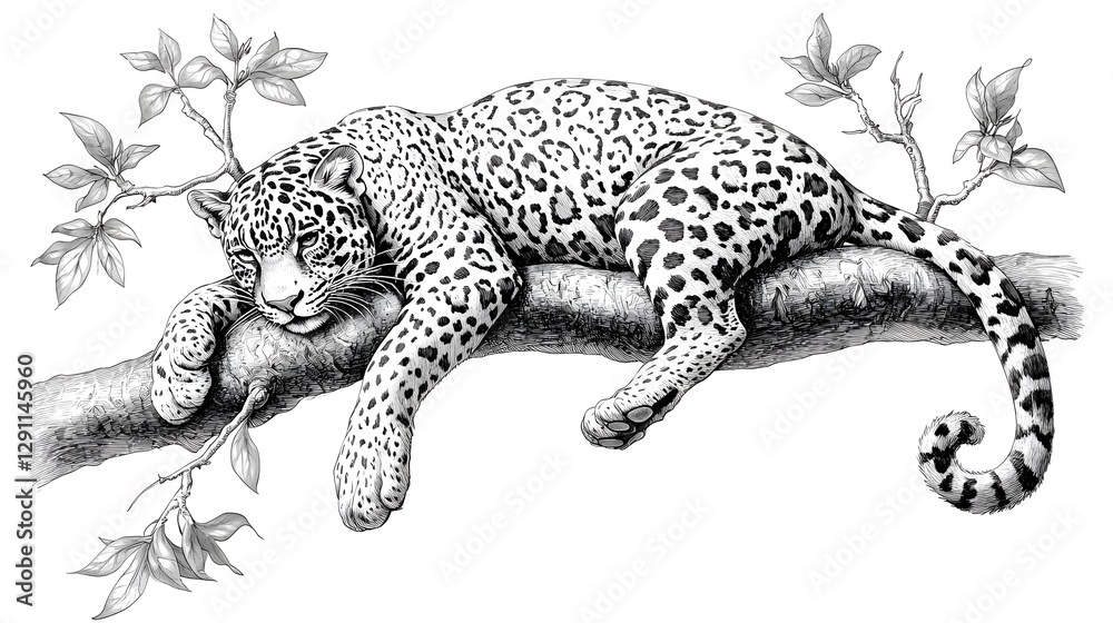 Detailed ink engraving of a jaguar resting peacefully on a tree branch showcasing the animal s spotted fur pattern deep shadows and intricate textures in a classic sophisticated style