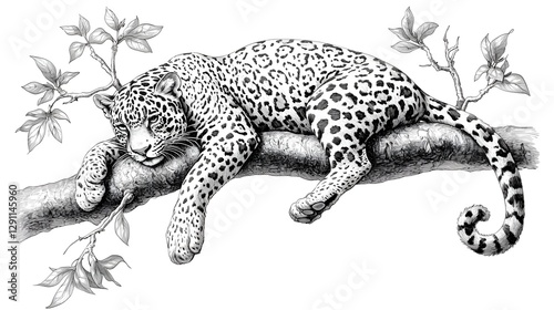 Obraz na płótnie Detailed ink engraving of a jaguar resting peacefully on a tree branch showcasing the animal s spotted fur pattern deep shadows and intricate textures in a classic sophisticated style w salonie