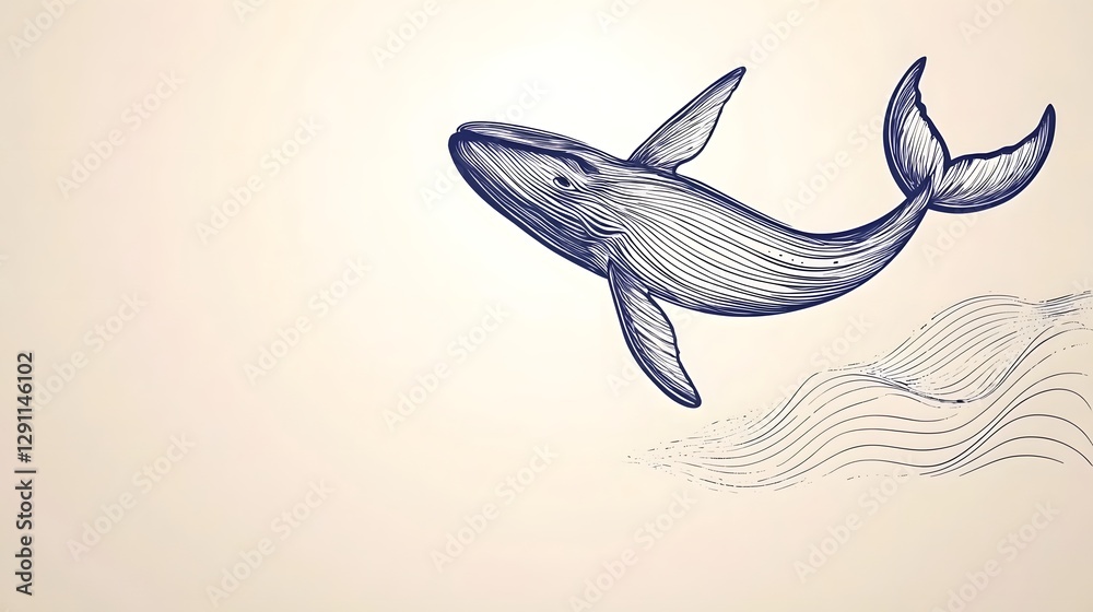 Detailed ink line art depicting a whale breaching the ocean surface with dramatic wave textures and high contrast black and white design