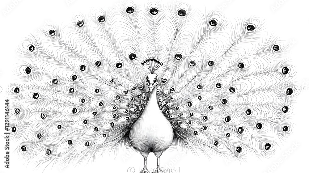 Detailed Line Art of a Majestic Peacock with Its Ornate Feathers Fanned Out in a Symmetrical Decorative Display