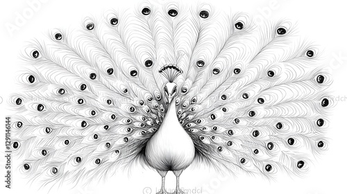Obraz na płótnie Detailed Line Art of a Majestic Peacock with Its Ornate Feathers Fanned Out in a Symmetrical Decorative Display w salonie