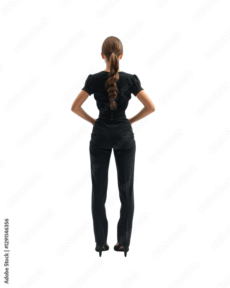 Businesswoman in Black Attire Standing with Hands on Hips in Professional Setting for Corporate and Leadership Concepts Businesswoman in Black Attire Standing with Hands on Hips in Professional Setting for Corporate and Leadership Concepts