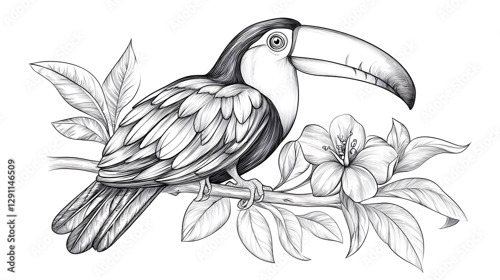 Detailed Monochrome of a Toucan Bird Perched on a Tropical Tree Branch Showcasing Intricate Stippled Feather Textures and Natural Foliage in a Style
