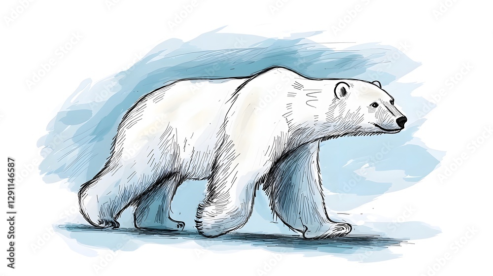 Detailed Naturalistic Ink Depicting a Majestic Polar Bear Wandering Across the Icy Snow Covered Arctic Landscape The Features Soft Cross Hatching Textures and a Serene
