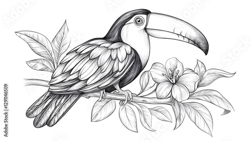 Detailed Monochrome of a Toucan Bird Perched on a Tropical Tree Branch Showcasing Intricate Stippled Feather Textures and Natural Foliage in a Style
