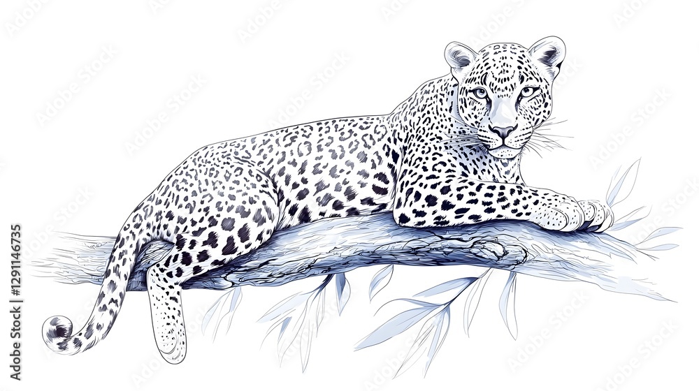 Detailed of a majestic leopard resting calmly on a tree branch showcasing its beautiful spotted fur pattern and rosette designs in a naturalistic ink stippling style