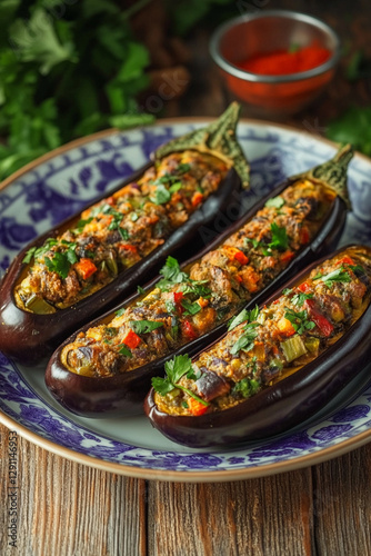 Plate with imam bayaldi - stuffed eggplants with vegetables and aromatic spices photo