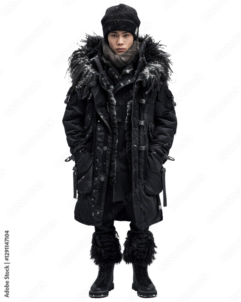 Stylish winter fashion showcase with model in black parka and snow effect for cold weather outdoor activities Stylish winter fashion showcase with model in black parka and snow effect for cold weather outdoor activities