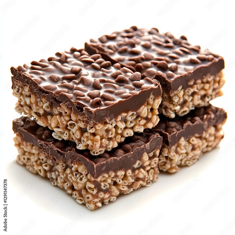 Crispy Chocolate Rice Cereal Bars in Three-Quarter View, Rich Texture, No Background Crispy Chocolate Rice Cereal Bars in Three-Quarter View, Rich Texture, No Background