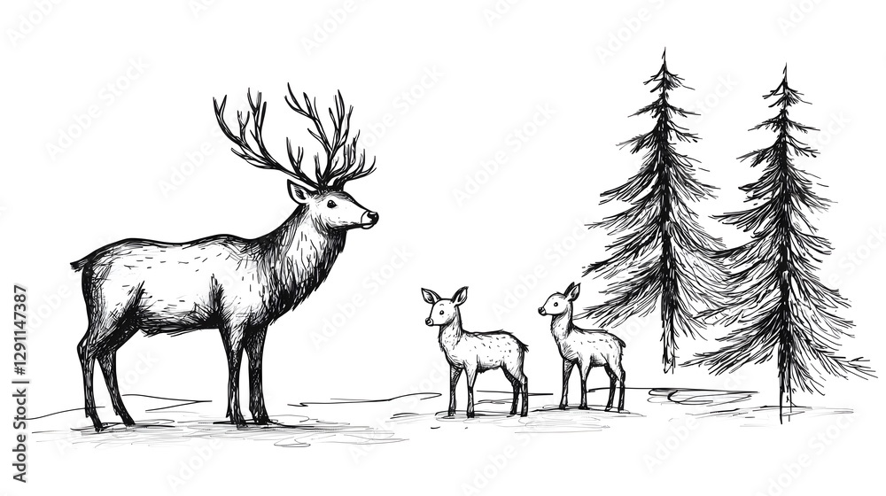Detailed Pen and Ink Sketch of a Family of Deer Standing in a Peaceful Forest Clearing with Fur Textures and Evergreen Trees