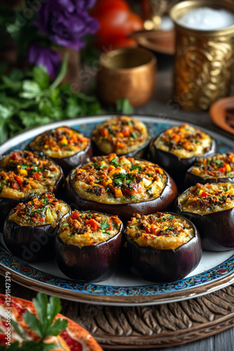 Plate with imam bayaldi - stuffed eggplants with vegetables and aromatic spices photo