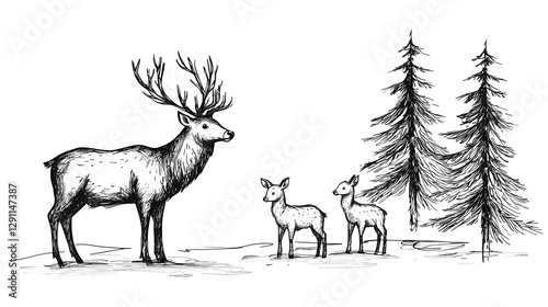 Obraz na płótnie Detailed Pen and Ink Sketch of a Family of Deer Standing in a Peaceful Forest Clearing with Fur Textures and Evergreen Trees w salonie
