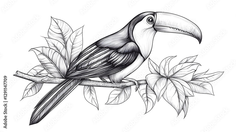 Detailed Stippled Ink Sketch of a Tropical Toucan Bird Perched on a Lush Foliage Branch in a Nature Scene Showcasing the Exquisite Feather Textures and Patterns of this Exotic Wildlife