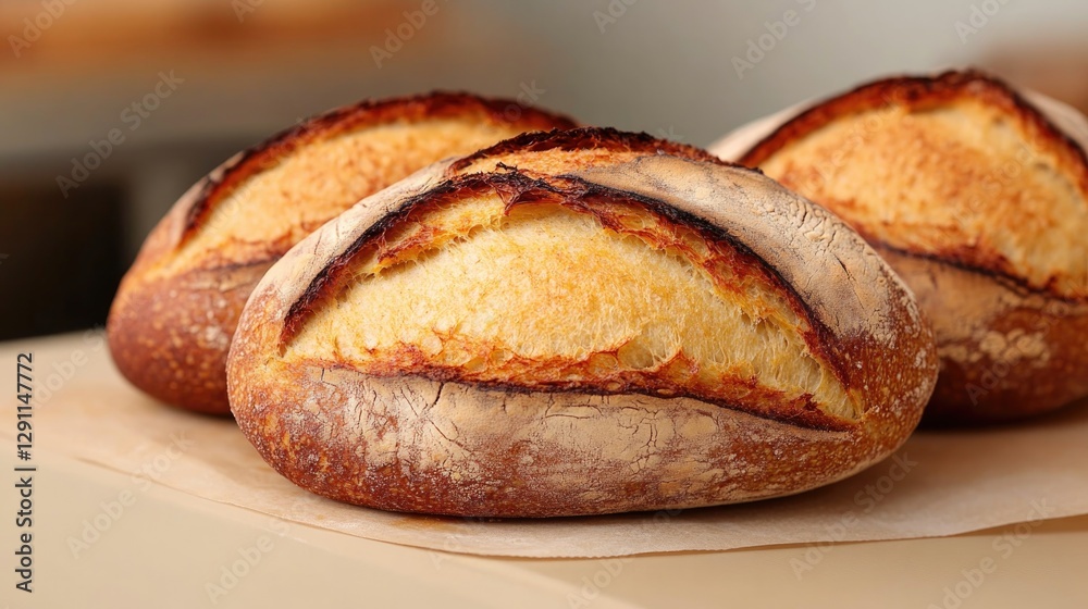 Freshly baked artisan bread with golden crust, showcasing unique Freshly baked artisan bread with golden crust, showcasing unique