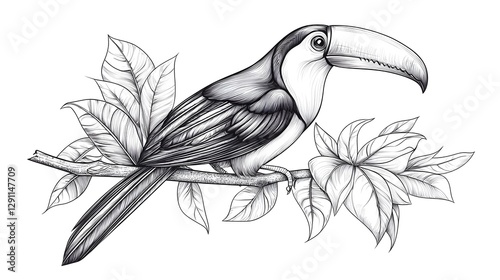 Obraz na płótnie Detailed Stippled Ink Sketch of a Tropical Toucan Bird Perched on a Lush Foliage Branch in a Nature Scene Showcasing the Exquisite Feather Textures and Patterns of this Exotic Wildlife w salonie