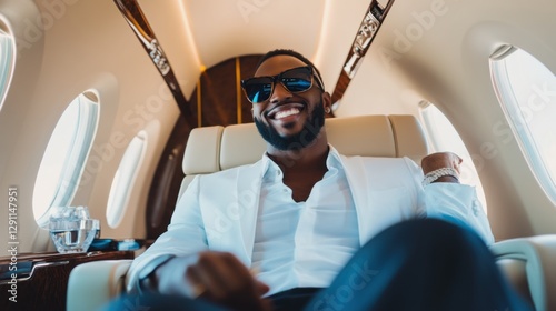 Lottery jackpot winner on a private jet en route to a luxury vacation. Featuring excitement and wealth