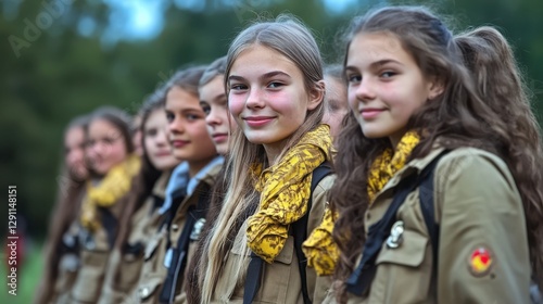 Young female scouts smiling and posing for a photo