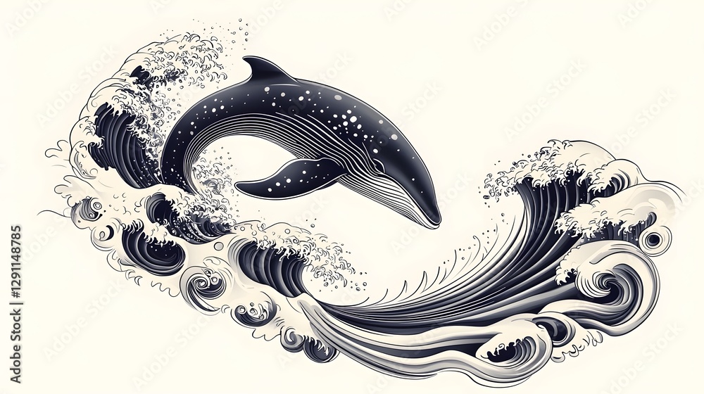 Dramatic black and white ink depicting a powerful whale breaching the ocean surface surrounded by dynamic high contrast waves and textures creating a striking abstract and contemporary visual