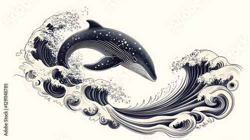 Obraz na płótnie Dramatic black and white ink depicting a powerful whale breaching the ocean surface surrounded by dynamic high contrast waves and textures creating a striking abstract and contemporary visual w salonie