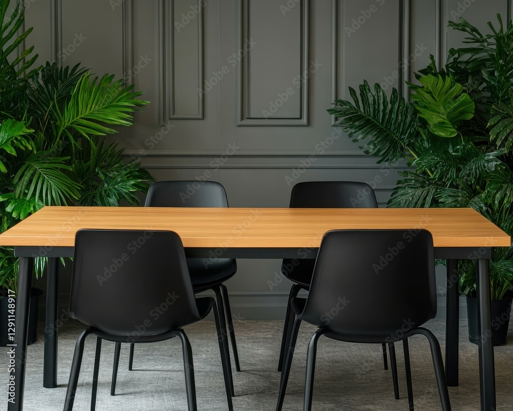 A modern dining setup featuring a sleek wooden table and stylish black chairs surrounded by lush green plants.