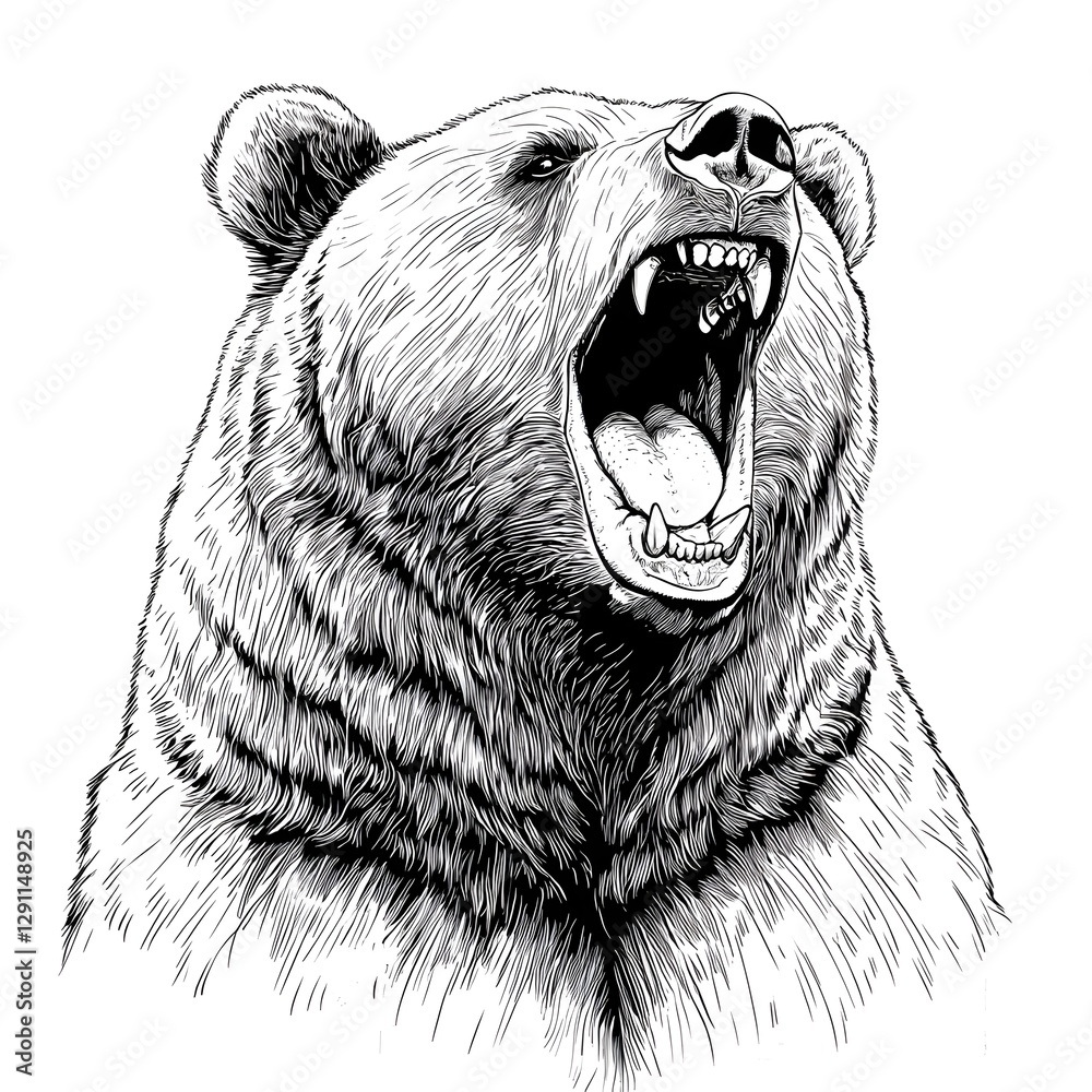 Dramatic black and white of a fierce grizzly bear roaring with its massive head and powerful jaws open captured in a bold textured woodcut inspired style reminiscent of classic wildlife art