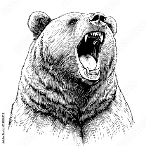 Obraz na płótnie Dramatic black and white of a fierce grizzly bear roaring with its massive head and powerful jaws open captured in a bold textured woodcut inspired style reminiscent of classic wildlife art w salonie