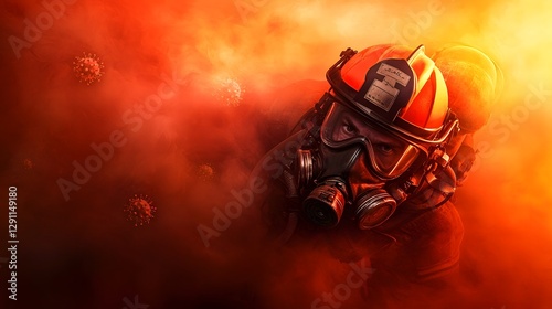 Obraz na płótnie Dramatic high contrast image of a masked firefighter silhouetted against an orange and red sunset sky with virus particles floating ominously through the smoke filled air w salonie