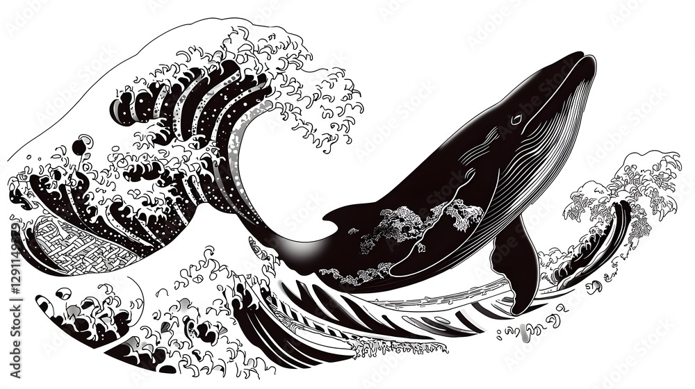 Dramatic ink drawn showcasing a majestic whale breaching the surface of the powerful textured ocean waves in a striking monochrome style